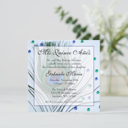 ブルーグラムピーコックフェザーキンセアニェラ誕生日 招待状 (スタンド正面)