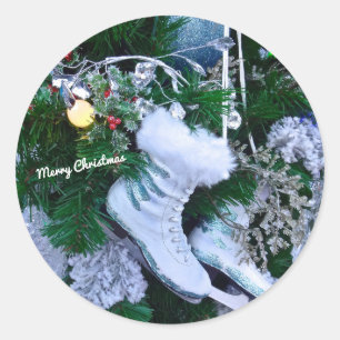 ブルーグリッターとファーアイススケートがクリスマスツリーに ラウンドシール