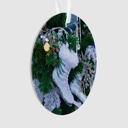 ブルーグリッターと毛皮のアイススケートがクリスマスツリーに オーナメント (正面)