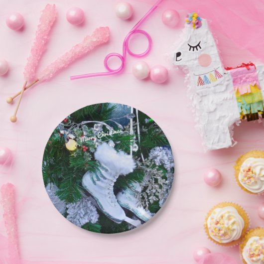 ブルーグリッターと毛皮のアイススケートがクリスマスツリーに ペーパープレート (パーティー)