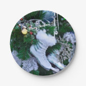 ブルーグリッターと毛皮のアイススケートがクリスマスツリーに ペーパープレート (正面)