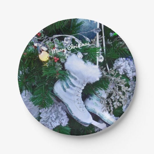ブルーグリッターと毛皮のアイススケートがクリスマスツリーに ペーパープレート (正面)