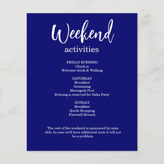 ブルーグリッターウィークエンドバチェロレッテ招待状 (裏面)