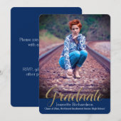 ブルーグリッターオーバーレイ写真卒業発表 招待状 (正面/裏面)