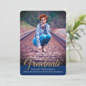 ブルーグリッターオーバーレイ写真卒業発表 招待状 (スタンド正面)