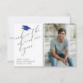 ブルーグリッターキャップ引用文写真モダン卒業 案内状 (正面)