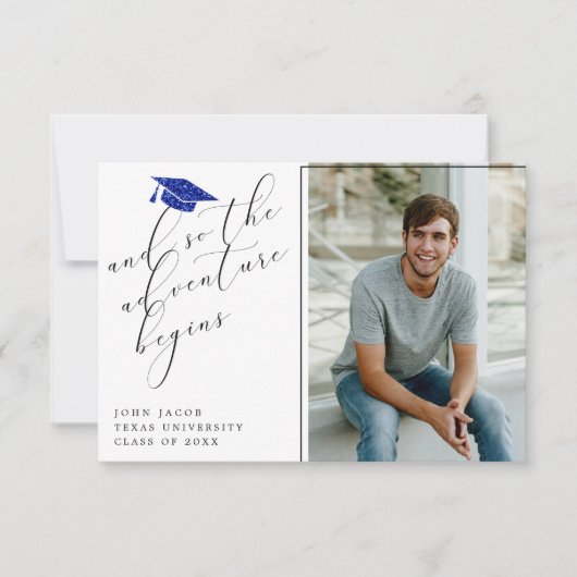 ブルーグリッターキャップ引用文写真モダン卒業 案内状 (正面)