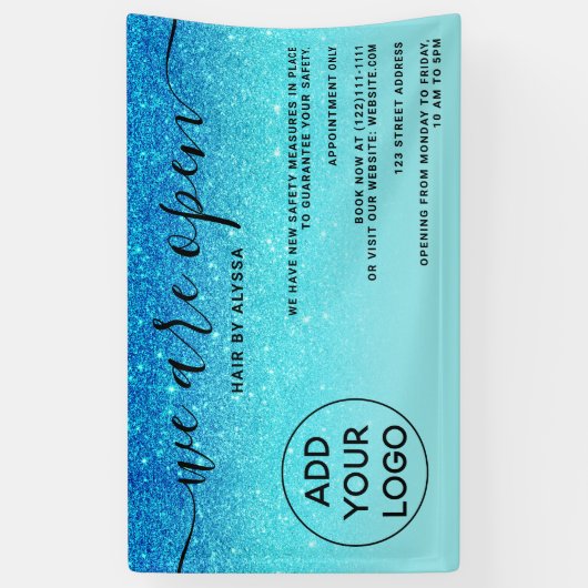 ブルーグリッターグラデーションロゴ赤面ピンクオープン 横断幕 (縦)