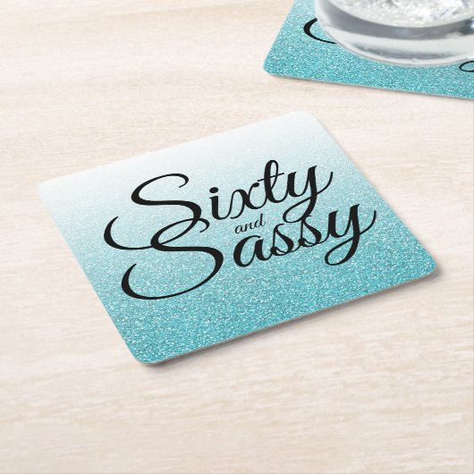 ブルーグリッターグラデーション60とサッシー60誕生日 スクエアペーパーコースター (アングル)