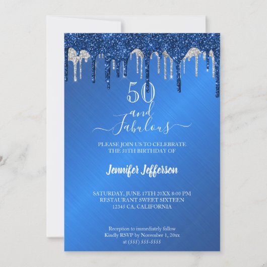 ブルーグリッターシルバー滴下誕生日招待状 招待状 (正面)