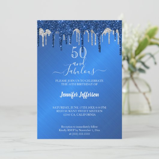 ブルーグリッターシルバー滴下誕生日招待状 招待状 (スタンド正面)