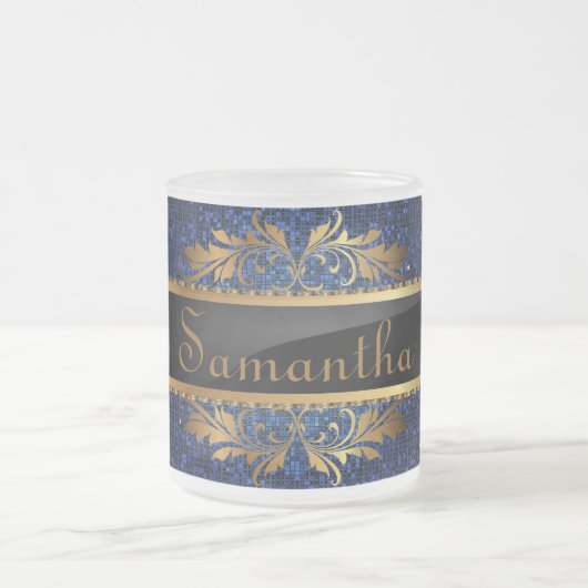 ブルーグリッターシークインすりガラスのコーヒーマグカップ フロストグラスマグカップ (中央)