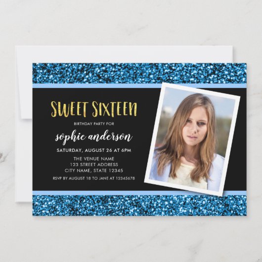 ブルーグリッタースウィート16フォト誕生日招待状 招待状 (正面)