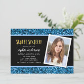 ブルーグリッタースウィート16フォト誕生日招待状 招待状 (スタンド正面)