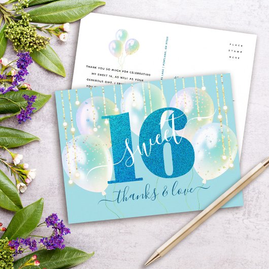 ブルーグリッタースウィート16誕生日バルーンサンキュー ポストカード