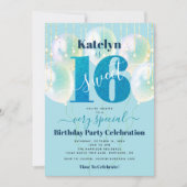 ブルーグリッタースウィート16誕生日バルーンモダン 招待状 (正面)