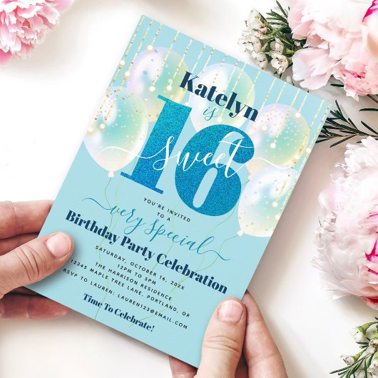 ブルーグリッタースウィート16誕生日バルーンモダン 招待状