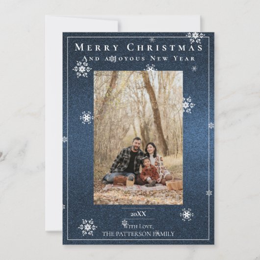 ブルーグリッタースノーフレークスホリデーフォトカード シーズンカード (正面)