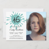 ブルーグリッタースプラッシュスウィート16 16thバースデーパーティー 招待状 (正面)