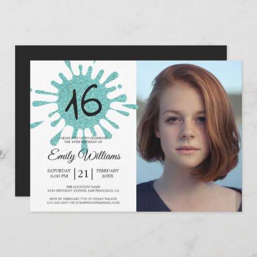 ブルーグリッタースプラッシュスウィート16 16thバースデーパーティー 招待状 (正面/裏面)