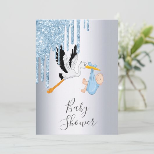 ブルーグリッタードリップスシルバーストーク少年の赤ちゃんシャワー 招待状 (スタンド正面)