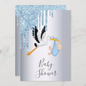 ブルーグリッタードリップスシルバーストーク少年の赤ちゃんシャワー 招待状 (正面/裏面)