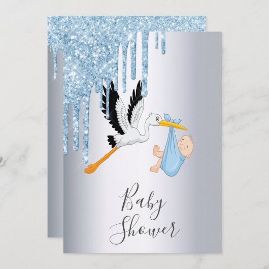ブルーグリッタードリップスシルバーストーク少年の赤ちゃんシャワー 招待状 (正面/裏面)