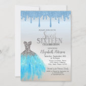 ブルーグリッタードリップスブルードレスシルバースウィート16 招待状 (正面)