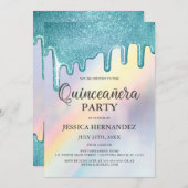 ブルーグリッタードリップスレインボーホログラフィッククインセアニラ 招待状 (正面/裏面)