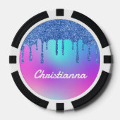 ブルーグリッタードリップ蛍光ネオンピンク&パープル ポーカーチップ (正面)