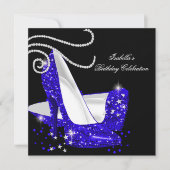 ブルーグリッターハイヒールブラックバースデーパーティー 招待状 (正面)