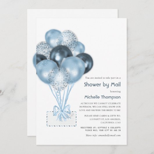 ブルーグリッターバルーンボーイ赤ちゃんシャワーbyメール 招待状 (正面/裏面)