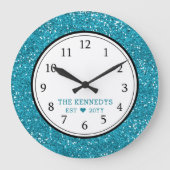 ブルーグリッターパーソナライズされたファミリー ラージ壁時計 (正面)