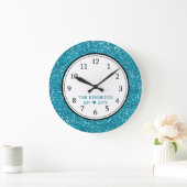 ブルーグリッターパーソナライズされたファミリー ラージ壁時計 (ホーム)