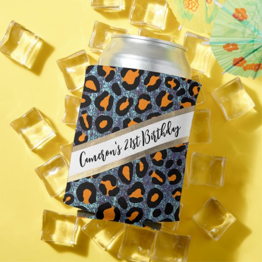 ブルーグリッターヒョウガーリーチータシック誕生日 缶クーラー (インサイチュ 夏)