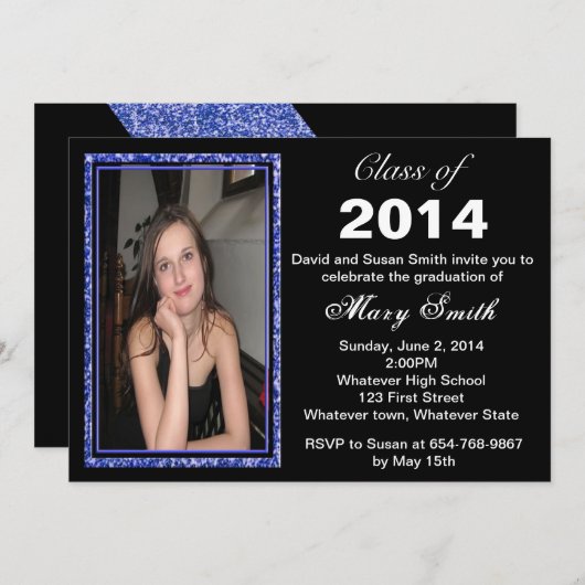 ブルーグリッターフォトフレーム卒業招待状 招待状 (正面/裏面)