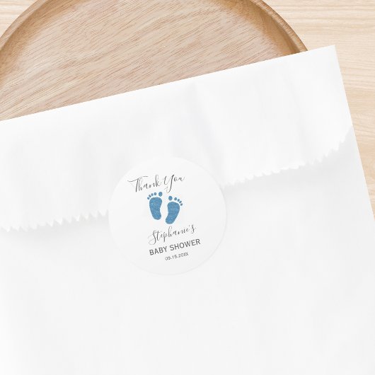 ブルーグリッターベビー足ありがとう ラウンドシール