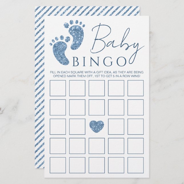 ブルーグリッターベビー足ベビーシャワビンゴゲームカード (正面/裏面)