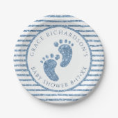 ブルーグリッターベビー足ベビーシャワーパーソナライズされた ペーパープレート (正面)