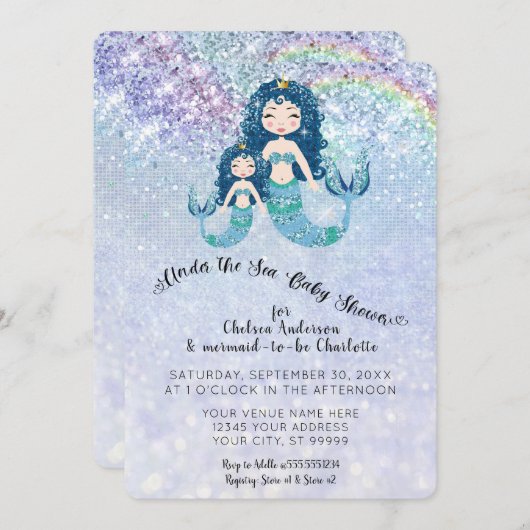 ブルーグリッターメルメイドザシーベビーガール 招待状 (正面/裏面)