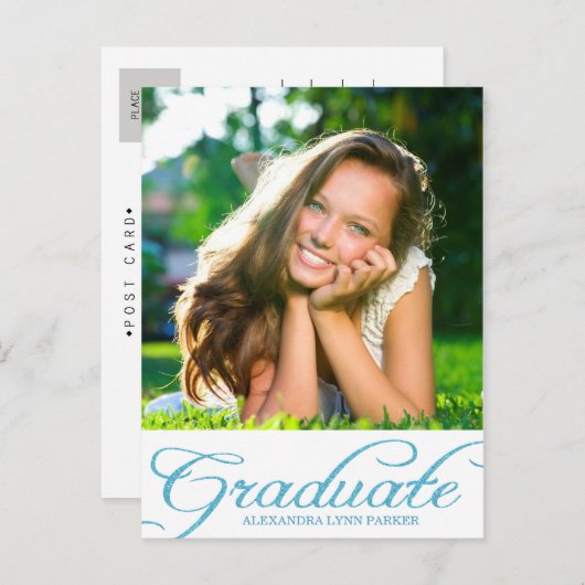 ブルーグリッター卒業パーティー招待状はがき インビテーションポストカード (正面/裏面)