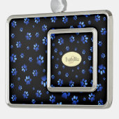 ブルーグリッター犬の足のパターン,モノグラム シルバープレートフレームオーナメント (左)