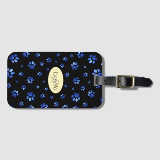 ブルーグリッター犬の足のパターン,モノグラム ラゲッジタグ (正面横)
