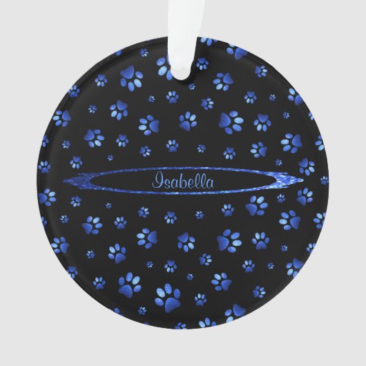 ブルーグリッター犬の足パターンモノグラム オーナメント (正面)