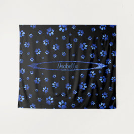 ブルーグリッター犬の足パターンモノグラム タペストリー