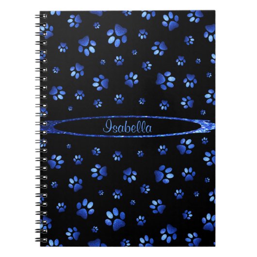 ブルーグリッター犬の足パターンモノグラム ノートブック (正面)