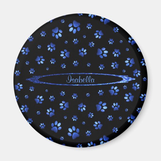 ブルーグリッター犬の足パターンモノグラム マグネット (正面)
