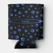 ブルーグリッター犬の足パターンモノグラム 缶クーラー (正面)