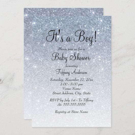 ブルーグリッター男の子の赤ちゃんシャワー招待状 招待状 (正面/裏面)
