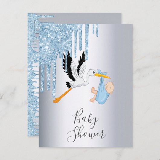 ブルーグリッター男の赤ちゃんシルバーシャワー招待 ポストカード (正面/裏面)